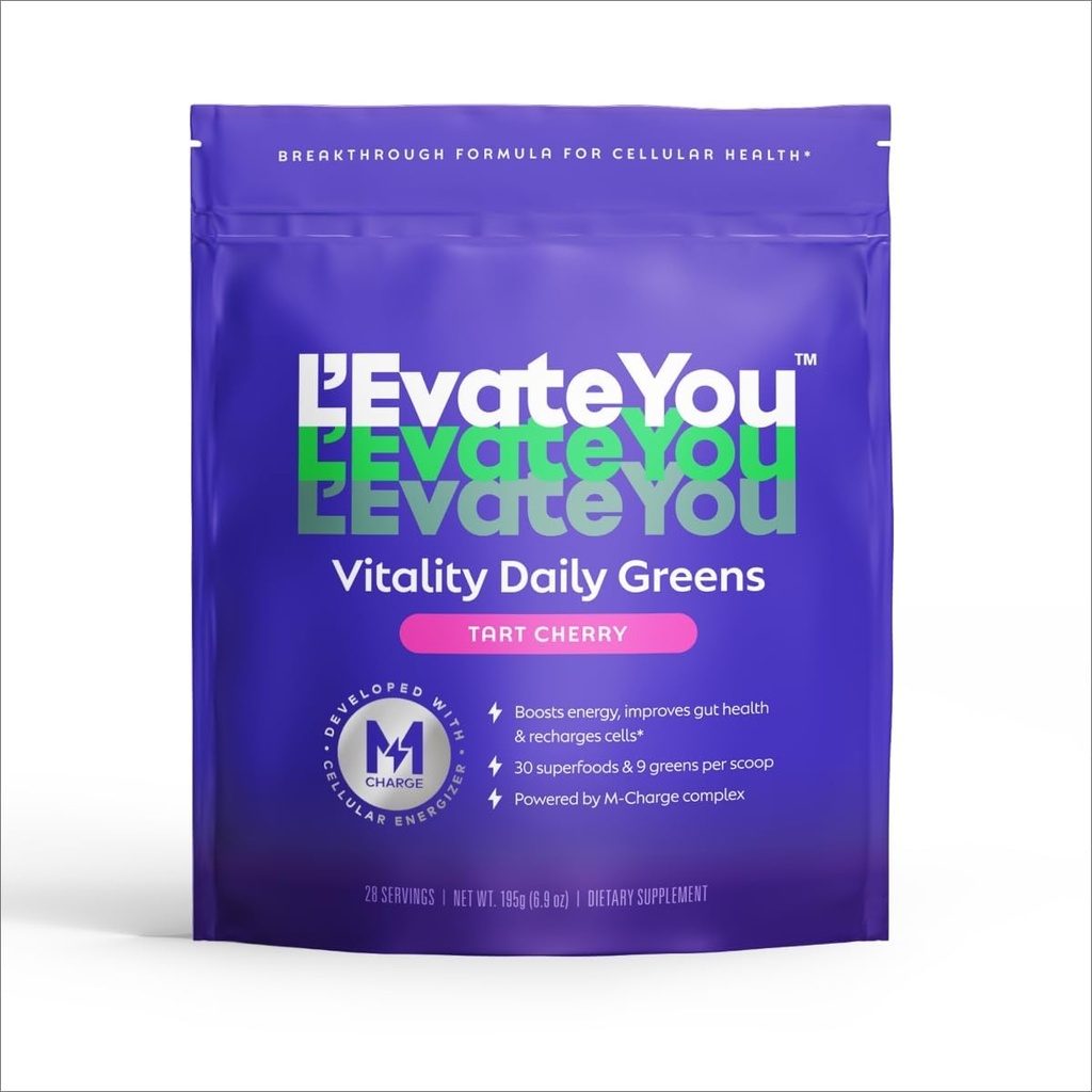 L 'Evate You Vitality Daily Green Powder (28 Servere) 30 Superfoods, 9 Green - for en Cellular Energy Boost, drevet af M- Charge Complex for All Day Energy (Tart Cherry)