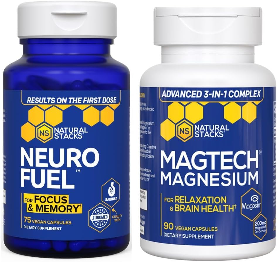 NATURLIGE STAKKER MagTech Magnesium + NeuroFuel Nootrop Bundle - understøtter afslapning, fokus og hjernesundhed * - 165 Total Kapsler