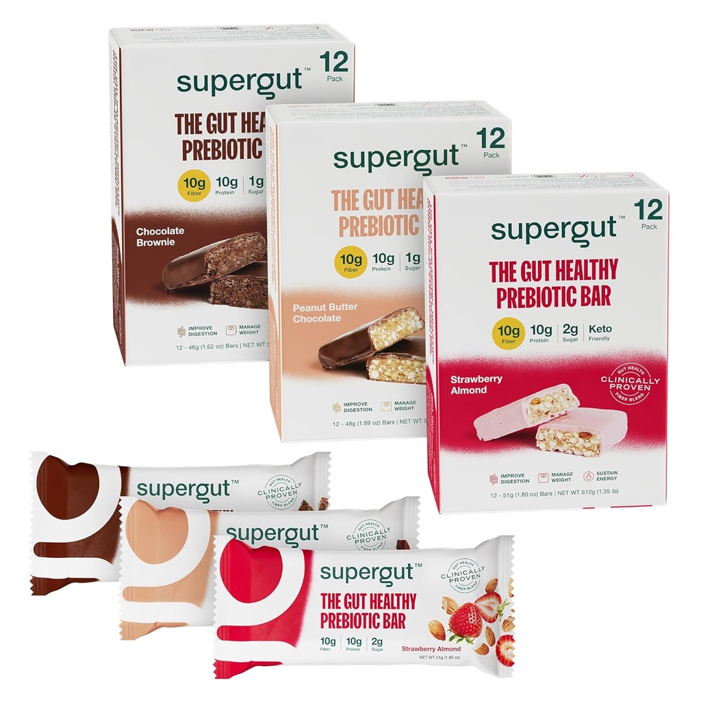 Supergut Prebiotic Bars | Meal Replacement | Boost GLP-1 | High Fiber and Protein | No Added Sugar | Keto Food, Snack (Variety Pack, 36 Count)