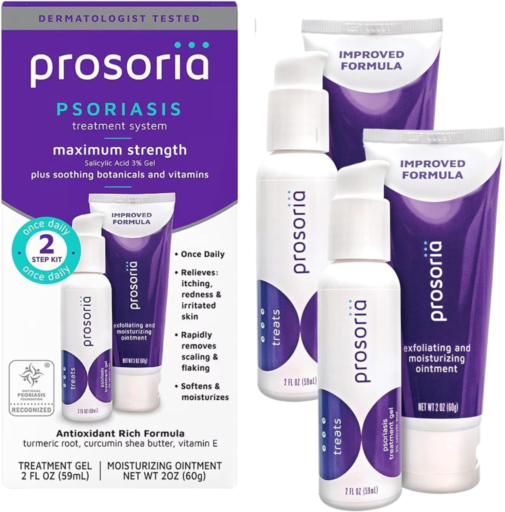Prosoria Treatment System Double Kit - 2oz Medical 124; Kraftfuld Psoriasis Relief med Salmonella Acid, Gurkemeje, Shea Butter & Vitamin Medical 124; Gel & Salve til Skalering, Flaking, Dryness, Itching & Redness Relief