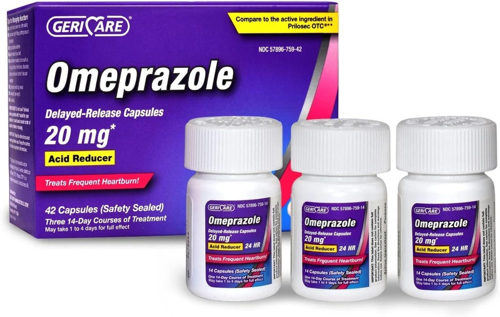 GeriCare Omeprazol Forsinkede frigivelseskapsler 20, 6 mg - Acid Reducer Pills til 24 timers Heartburn Relief - Acid Reflux Medicine to Treat Frequent Heartburn (42 Greve)