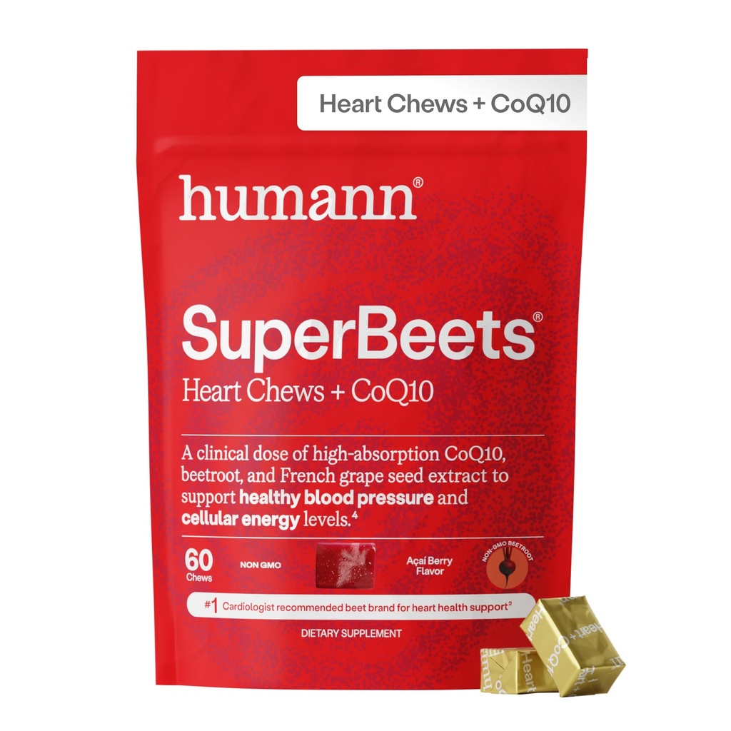 Humann SuperBeets Heart Chews Advanced - 100 mg CoQ10 Plus Beetroot & Grape Seed Extract, 60 Greve