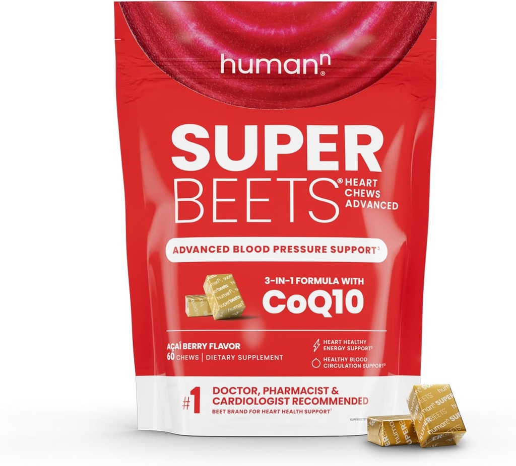Humann SuperBeets Heart Chews Advanced - 100 mg CoQ10 Plus Beetroot & Grape Seed Extract, 60 Greve