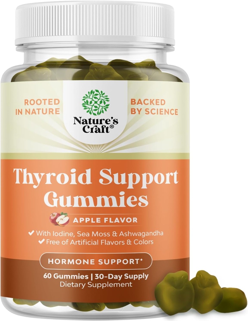 Nature Craft Vegan Thyroid Gummies med Sea Moss - Thyroid Support Gummies til omfattende støtte for mænd og kvinder med jod Selenium og andre potente vitaminer - Gelatin- fri ikke-GMO 60