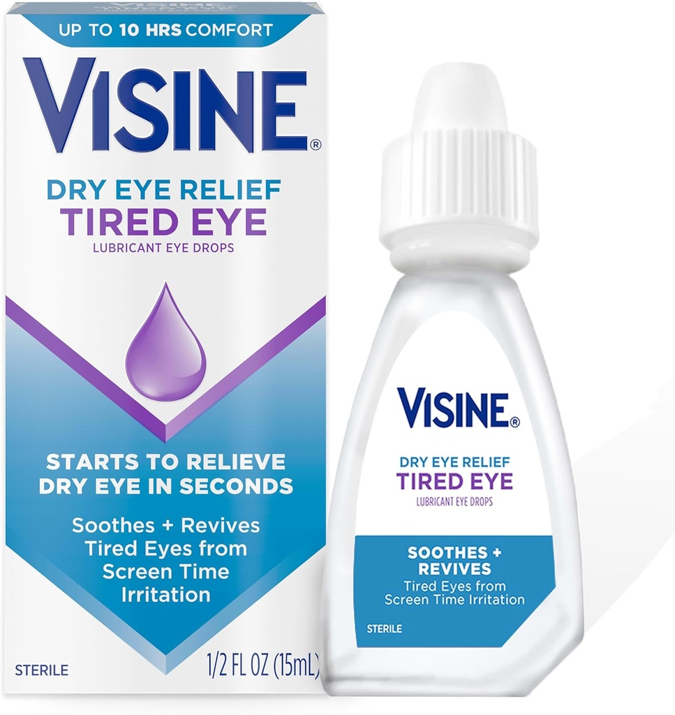 Visine Dry Eye Relief Tired Eye Lubricant Eye Drops, Moisturizing & Soothing Sterile Drops for Irritated, Dry & Tired Eyes Due to Screen Time Irritation, Polyethylene Glycol, 0.5 fl. oz