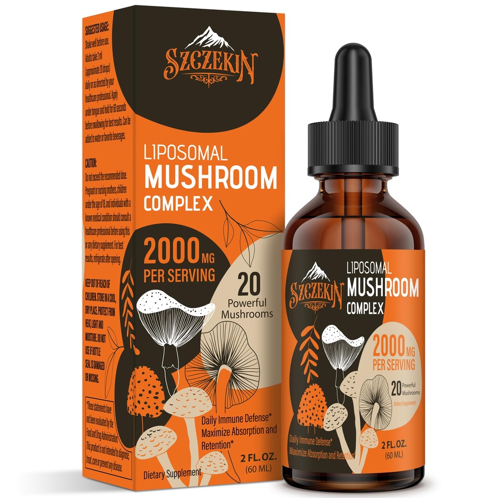 Liposomal Mushroom Complex Drops 2000 MG - 20 Organic Mushroom Extracts - Advanced Liquid Formel for Immunity, Kognitiv og Memory - Lions Mane Supplement, Reishi, Cordyceps, Chaga, 30 Serveringer