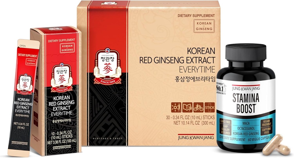 JUNG KWAN JANG Koreansk Red Panax Ginseng Energy Bundle - Extract Everytime 3000mg Sticks (30 Greve) & Mænds Stamina Boost for Daily Vitality (60 kapsler)