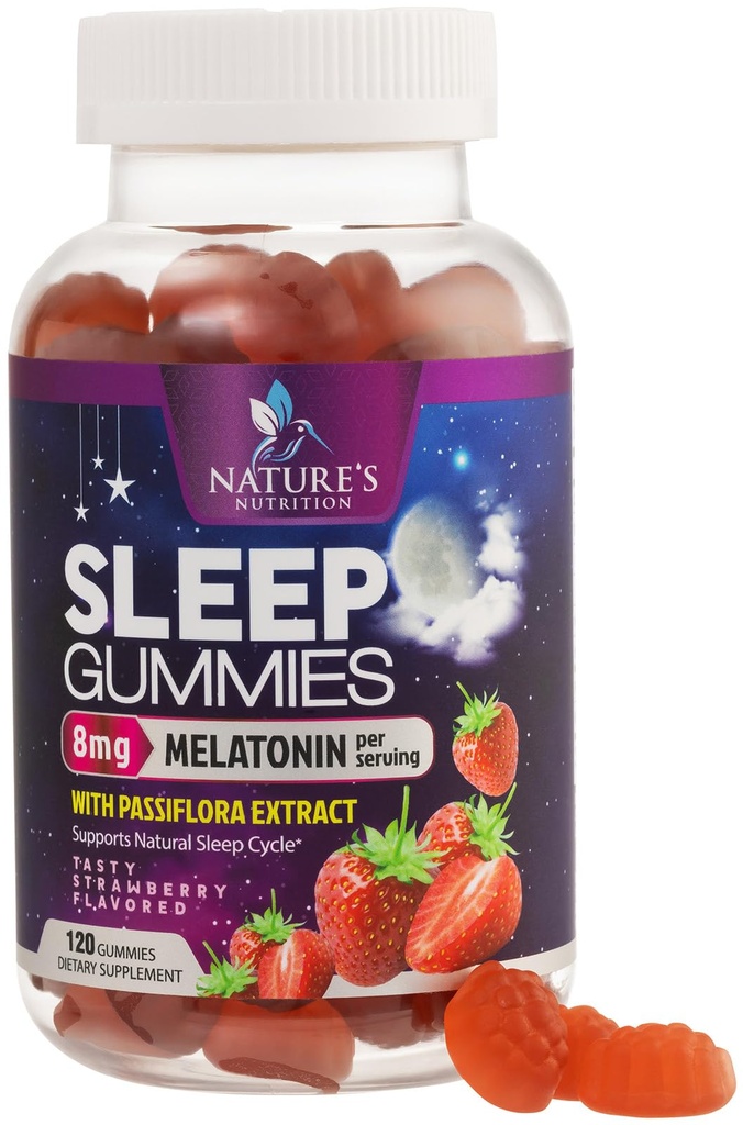 Sovegummi til voksne ekstra styrke 8mg - Melatonin med passiflora ekstrakt for afslappende søvn - Fast fungerende melatonin sovegummi supplement, Vegan, Non- GMO, Tasty Strawberry Flavor - 120 gummies
