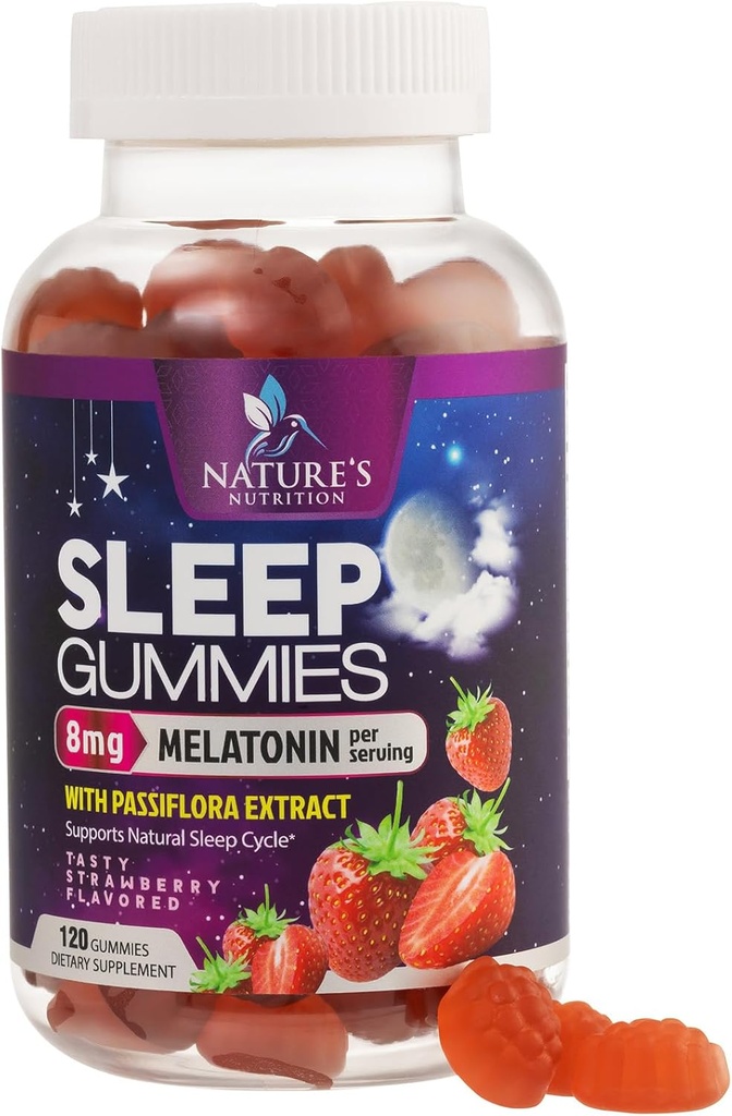 Sovegummi til voksne ekstra styrke 8mg - Melatonin med passiflora ekstrakt for afslappende søvn - Fast fungerende melatonin sovegummi supplement, Vegan, Non- GMO, Tasty Strawberry Flavor - 120 gummies