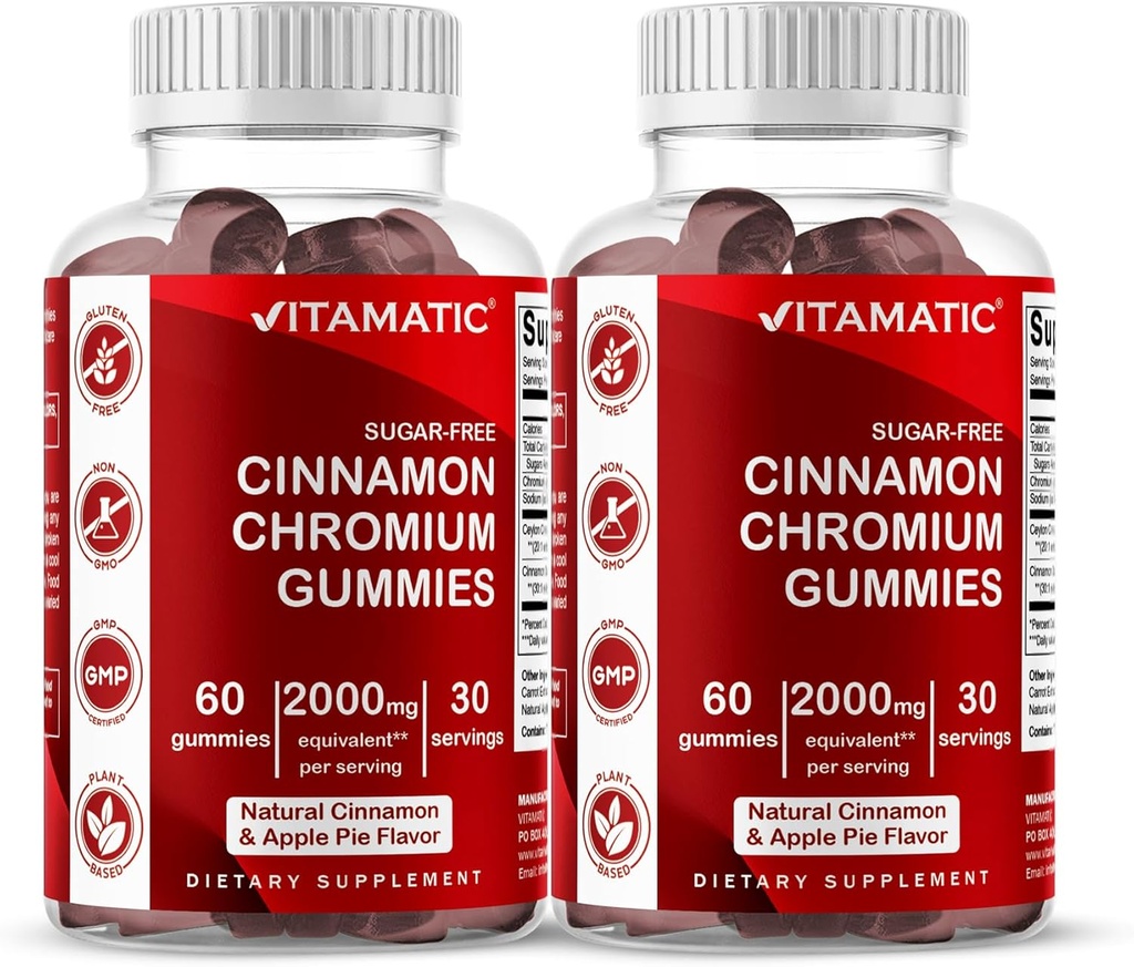 Vitamatic Sugar-Free Chromium Gummies with Ceylon Cinnamon – 2000 mg Equivalent Per Serving (from Extract 83 mg) – Non-GMO, Gluten-Free – 60 Vegan Gummies – 2 Pack