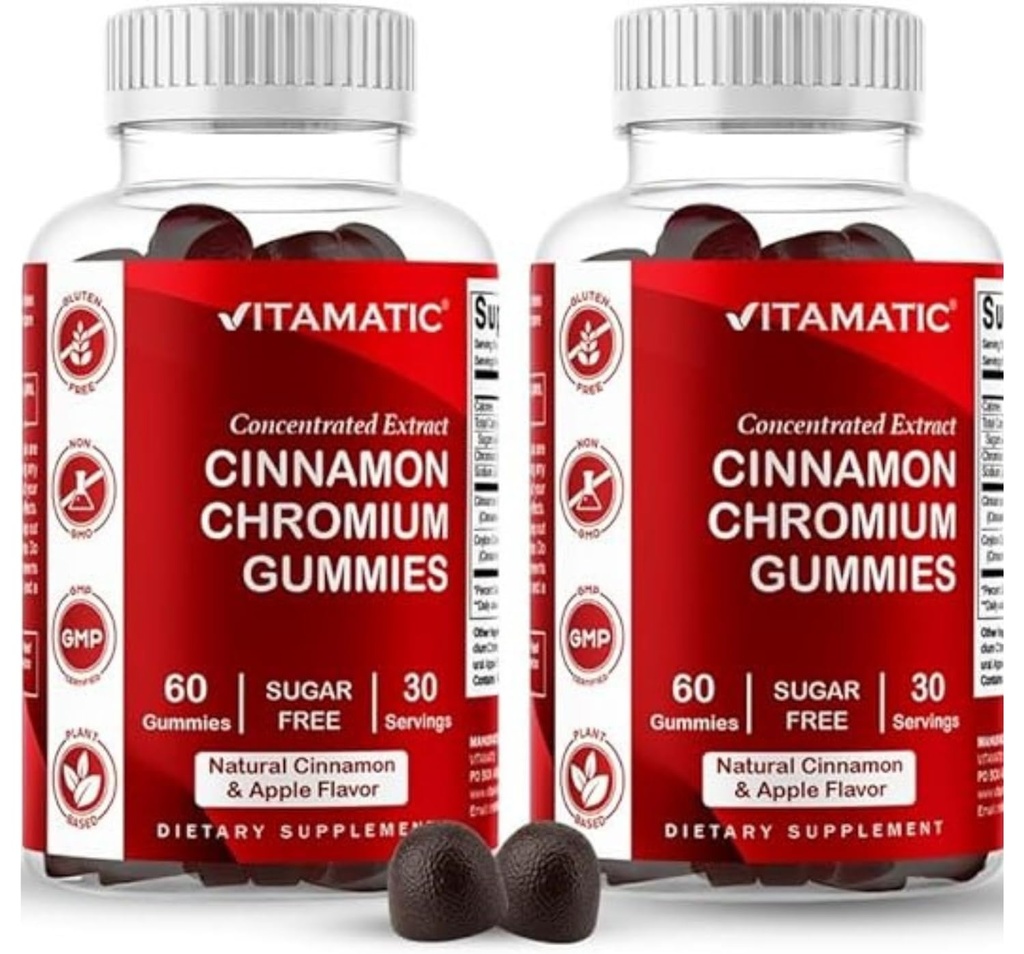 Vitamin Sugar- Free Chrom Gummies with Ceylon Cinnamon - 2000 mg Ækvivalent Per Serving (fra ekstrakt 83 mg) - Non- GMO, Gluten- Free - 60 Vegan Gummies - 2 Pack