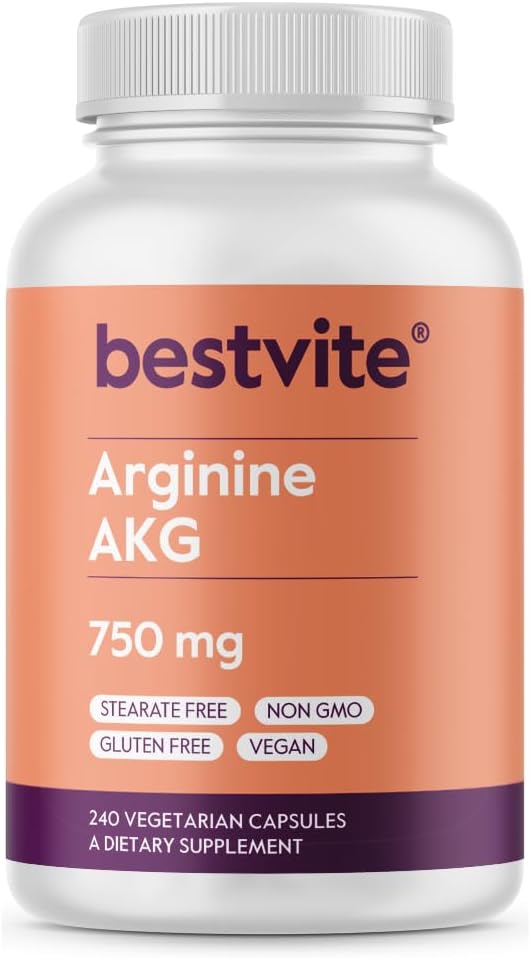 BESTVITE Arginine AKG 750mg (240 Vegetarian Capsules) - No Stearates - Vegan - Non GMO - Gluten Free