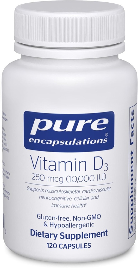 Pure indkapslinger Vitamin D3 250 mcg (10.000 IE) - supplement til støtteben, fælles, bryst, hjerte, kolon og immunforsvar - med Premium D - 120 kapsler