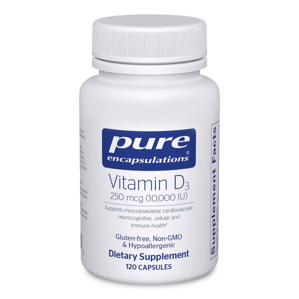 Pure indkapslinger Vitamin D3 250 mcg (10.000 IE) - supplement til støtteben, fælles, bryst, hjerte, kolon og immunforsvar - med Premium D - 120 kapsler