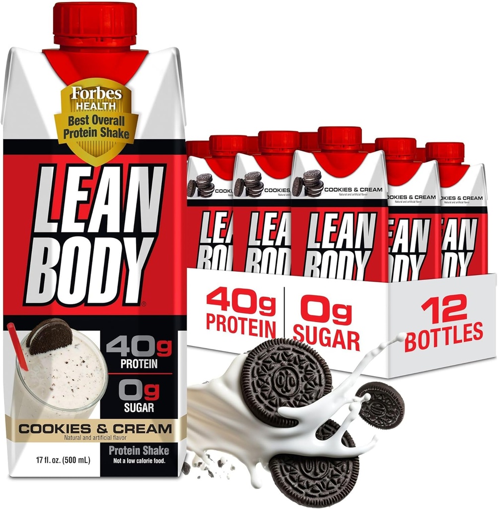 Lean Body Ready- to- Drink Cookies and Cream Protein Shake, 40g Protein, Whey Blend, 0 Sugar, Gluten No, 22 Vitamin & Minerals, (Genanvendeligt karton & Lid - pakke med 12) LABRADA, 17 Fl Oz (pakke med 12)