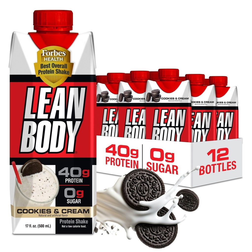 Lean Body Ready- to- Drink Cookies and Cream Protein Shake, 40g Protein, Whey Blend, 0 Sugar, Gluten No, 22 Vitamin & Minerals, (Genanvendeligt karton & Lid - pakke med 12) LABRADA, 17 Fl Oz (pakke med 12)