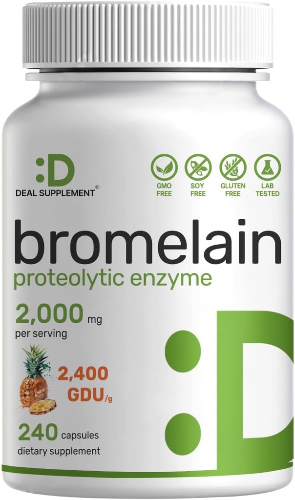 Bromelain Supplement 2.000mg per servering, 240 kapsler - naturlige proteolytiske enzymer fra frisk ananas - understøtter næringsstof fordøjelse