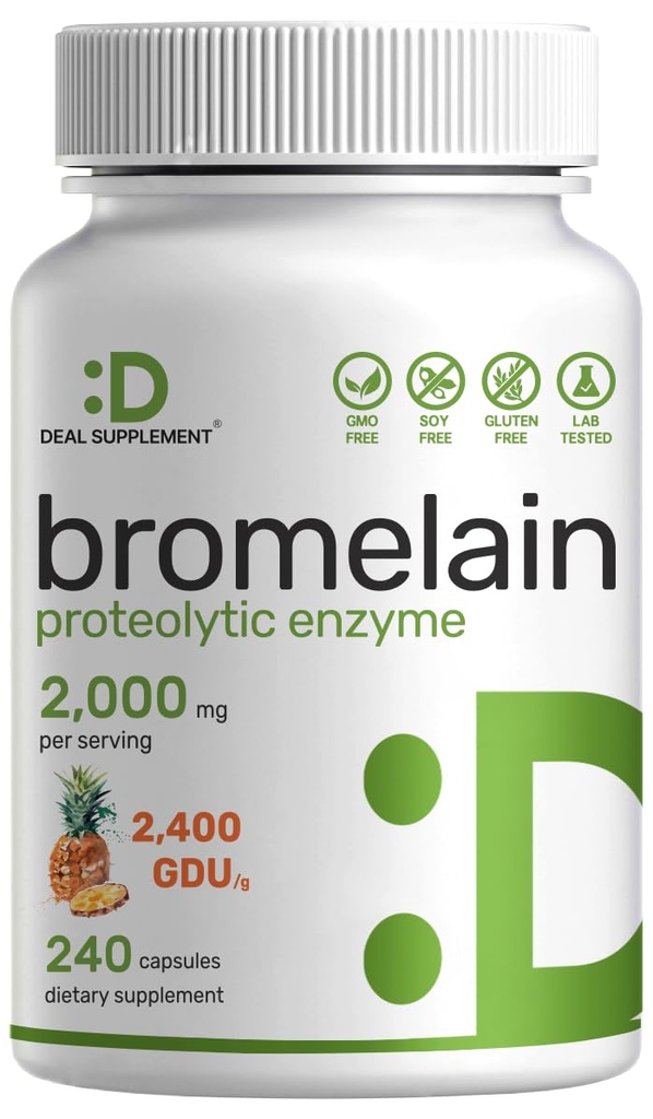 Bromelain Supplement 2.000mg per servering, 240 kapsler - naturlige proteolytiske enzymer fra frisk ananas - understøtter næringsstof fordøjelse