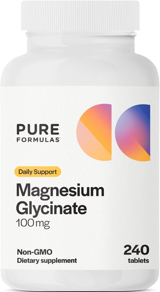 PureFormulas Magnesium Glycinate 100 mg daglig støtte til stress, nerver, søvn, muskler, Metabolisme Pure Magnesium Glycinate Supplement for kvinder og mænd Magnesio Non- GMO 240 tabletter