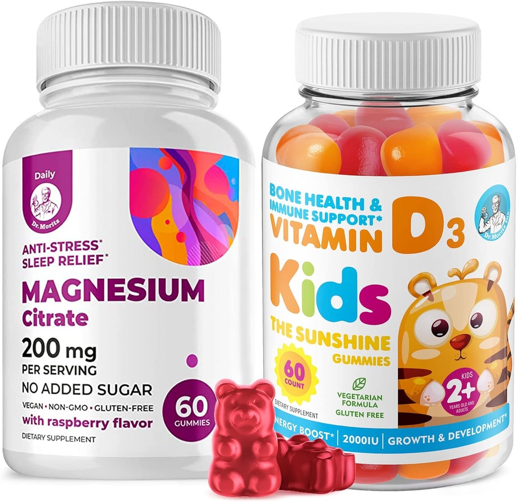 D-vitamin Gummier til børn og voksne 2000 IE og Magnesium Gummies - Sunde vitamin D3 Kosttilskud 1000IE - Vegetarisk Gelatin- fri immunforsvar med sukker- fri Magnesium Calm Tygge til børn og voksne