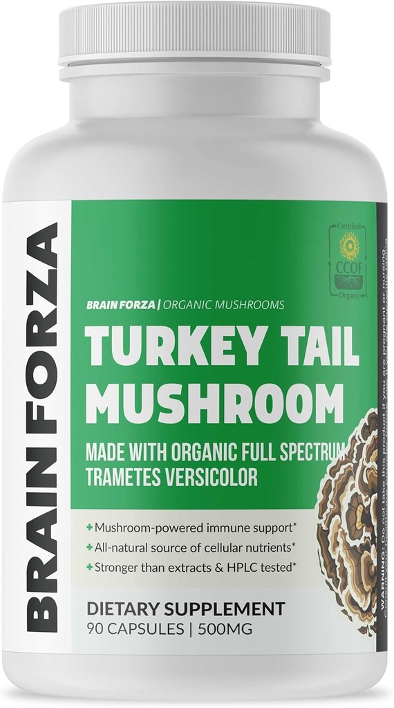 Hjerne Forza Økologisk Tyrkiet Tail Mushroom Kapsler, Svampe Pulveriseret immunstøtte, Lever og den største sundhedsstøtte, Organisk Defense Support, Non- GMO, Vegan, Økologisk, 90 Kapsler