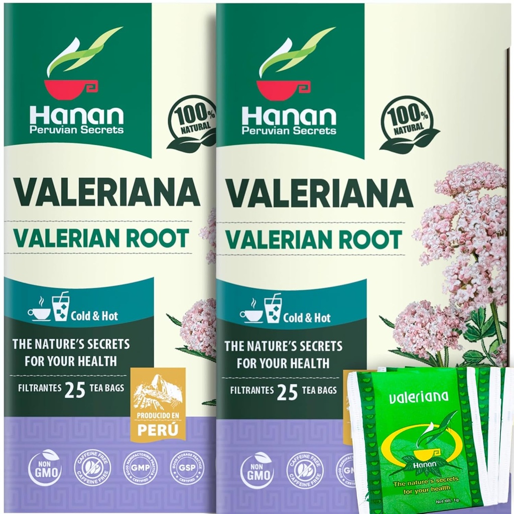 Hanan Valerian Root Tea til sengetid (50 poser) - Te de Valeriana, Urtemedicin Calming Night Tea - 100% Ren, Kaffefri, Non- GMO, Herb fra Peru - pakke med 2 æsker