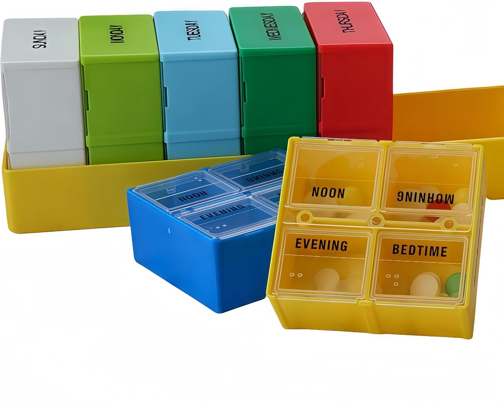 Stor Ugentlig Pill Case, 7-Day Pill Case Compartments, Pill Organizer 4 gange dagligt, 4-A-Day Pill Container, Secure Compartments, 7,8 x 2,3 x 2,3 i, Gul