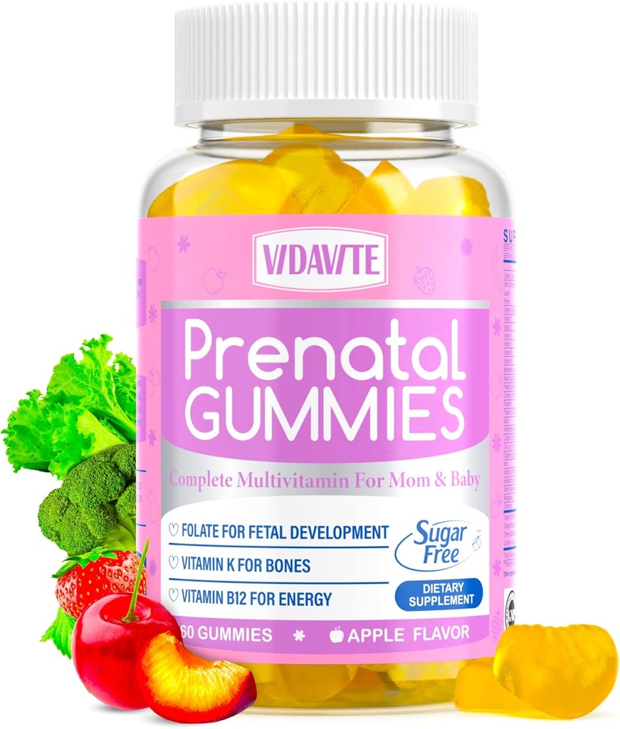 Sugar Free Prenatal Gummies - 30 + Nutrients (Cholin, Folate, Jern, Vitamin) for Føtale og Neurale Support, Bones, Energi & Immunitet - USA- Made Vegan Prenatal Vitaminer for Kvinder (60 Gummies)
