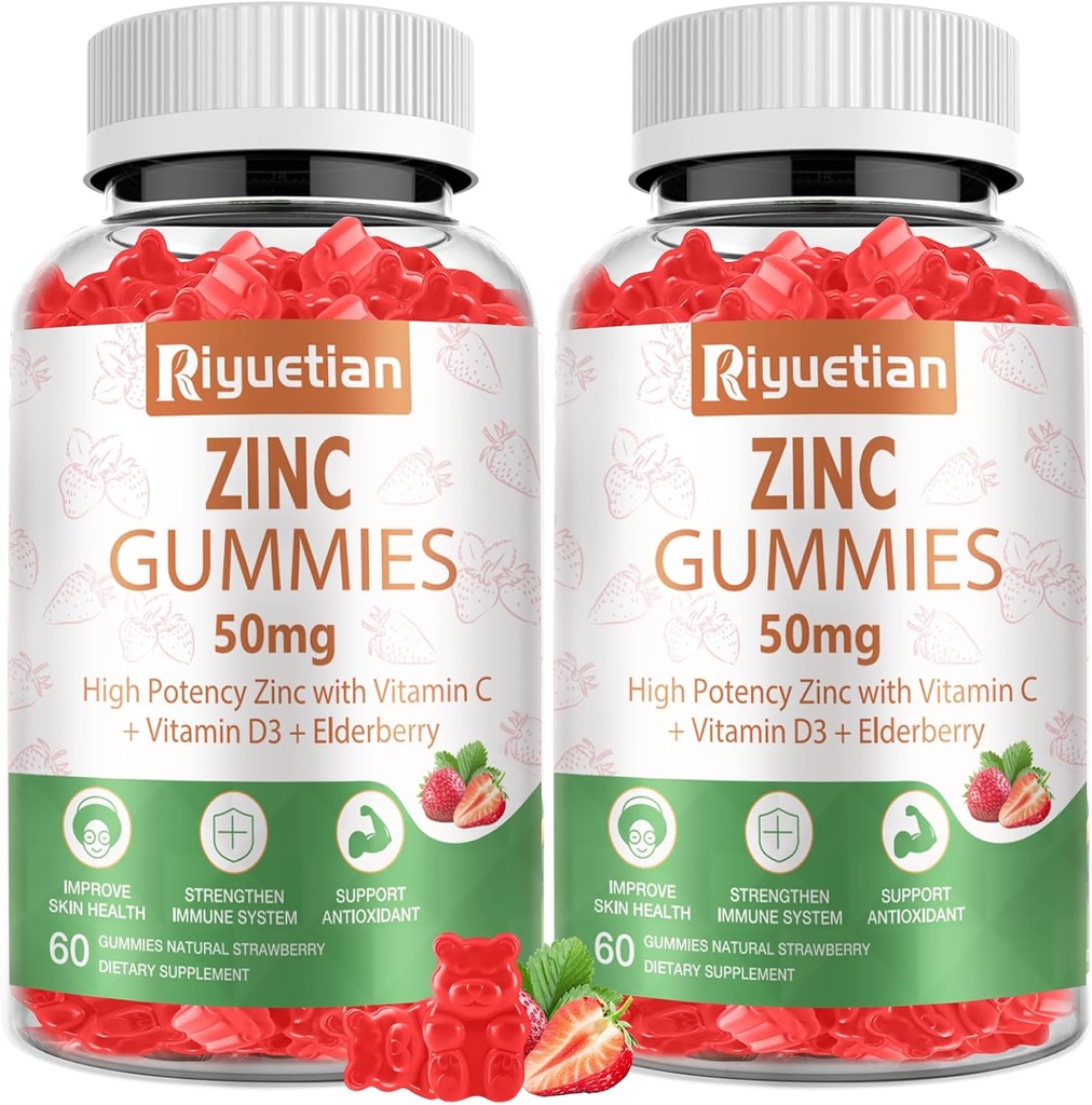 Zink Gummies 50mg - Vitamin C, D3 & Elderberry, Echinacea, Zink immunforsvar Gummies, non-GMO, naturlige antioxidant Kosttilskud til mænd og kvinder, Vegan 2 Pack