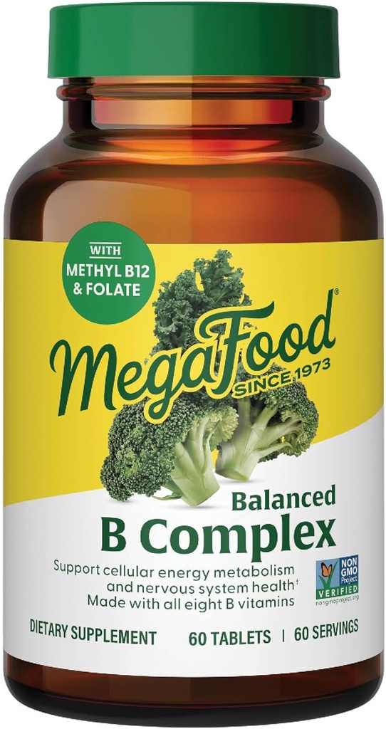 MegaFood Balanced B Complex - B Complex Vitamin Supplement - 8 B vitaminer herunder vitamin B6, vitamin B12, Folate, Biotin & mere - understøtter cellulær energiproduktion - Vegan, Gluten Free - 60 Tabs