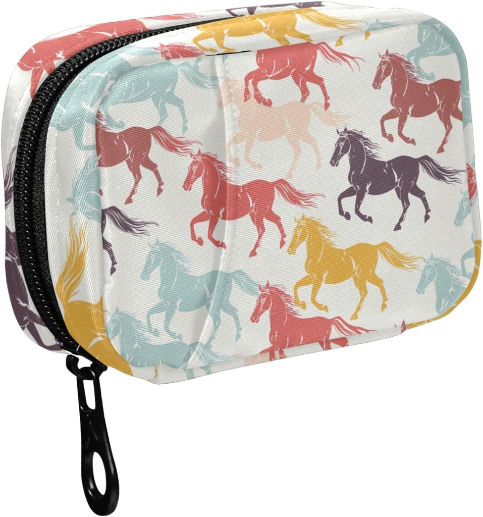 Fustybly Farverige Galopping Heste Silhouette Pill Organizer til purse, Ugentlig Portable Pill Box med lynlås til opbevaring Vitaminer Fisk Olier Medicin Kosttilskud