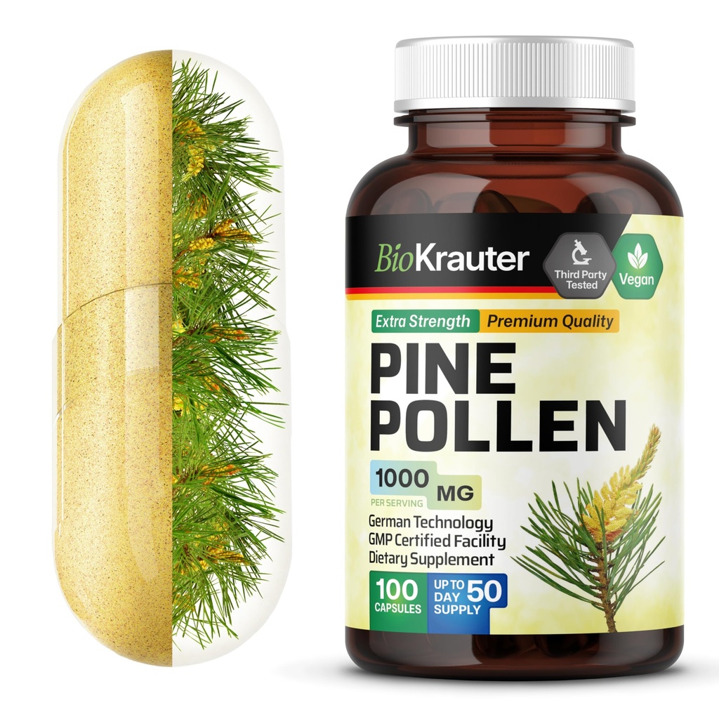BIO KRAUTER Pine Pollen Powder Capsules 1000 mg - 100 Pine Pollen Capsules til mænd og kvinder Support - Urtetilskud til immunforsvar
