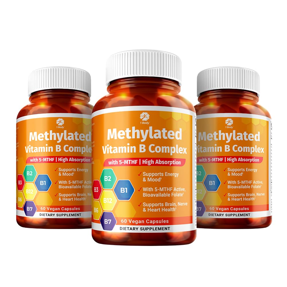 1 Body Vitamin B Complex 3 Pack - Bioavailable B Vitamin med 5-MTHF Folate, B1, B2, B5, B6, Methyl B12, Niacin & Biotin - Non- GMO, Vegan, Made in USA