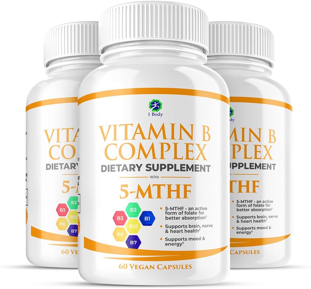 1 Body Vitamin B Complex 3 Pack - Bioavailable B Vitamin med 5-MTHF Folate, B1, B2, B5, B6, Methyl B12, Niacin & Biotin - Non- GMO, Vegan, Made in USA