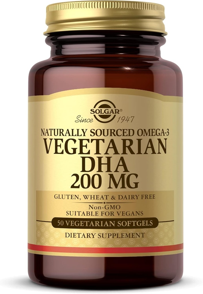 Solgar Vegetarian DHA 200 mg - 50 Vegetarian Softgels - Naturlig Sourced Omega-3 - Vegan, Gluten Free, Dairy Free - 50 Servere