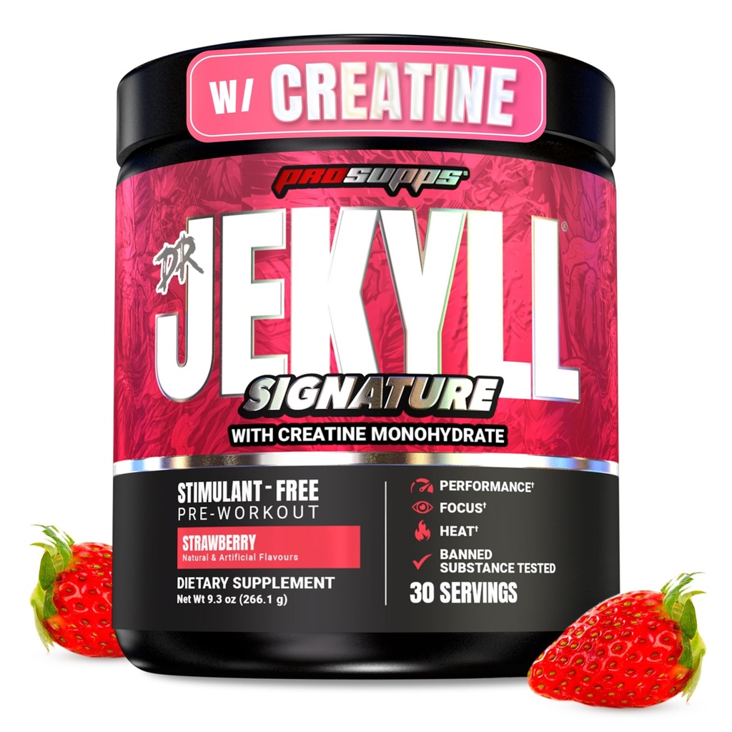 ProSupps Dr. Jekyll Signature Pre Workout Powder with Creatine - Stim-Free Preworkout Supports Focus & Endurance - Caffeine-Free Gym & Fitness Supplements (Strawberry, 30 Servings)