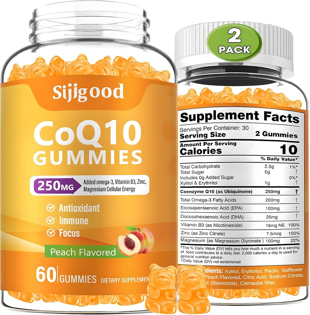 2 Pack CoQ10 Gummies, Plus Omega-3, vitamin B3 og zink, Magnesium, 5X High Absorption Coenzym Q10 Kosttilskud, q10 for Boost Cellular Energy, Potent Antioxidant & Brain, Peach Flavor, 120 Cts