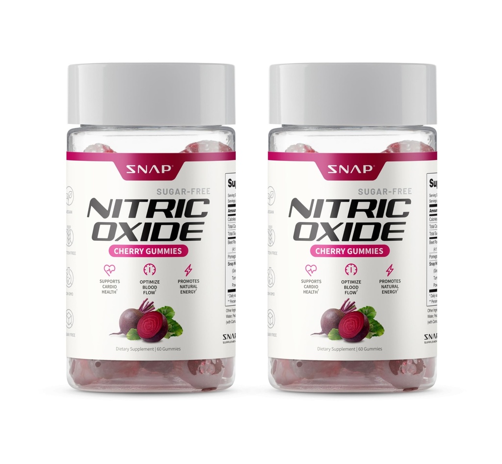 Snap Kosttilskud Beet Root Gummies, Nitrogen Oxide Supplement w / Organic Beets, Vitaminer, Pomegranat & Antioxidanter for Energy, Heart Health & Circulation Support, 60 Sugar Free Gummies, 2 Pack, Cherry