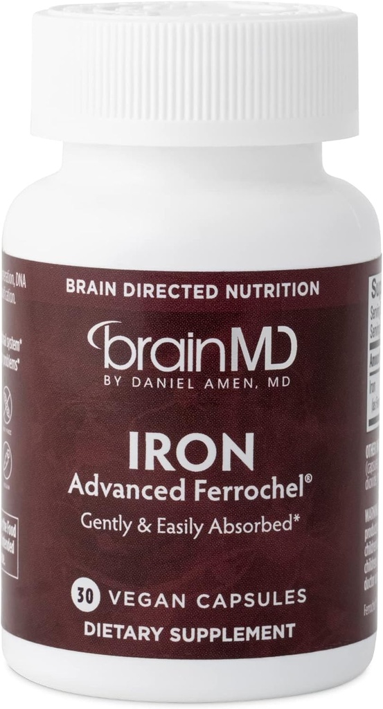 BRAINMD Dr. Amen Iron - 30 kapsler - understøtter energiproduktion, kognitiv funktion & Gene forordning - blid & let Absorberet - Gluten Free - 30 Serveringer