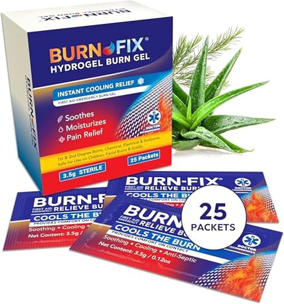 BurnFix ® Hydrogel Burn Gel Pakker - 3,5 g beroligende førstehjælp Burn Cream til Instant Cooling Relief på mindre Burns, Sunburns & Scalds 400.000 Ideal Emergency Kit Essential (pakke af 25)