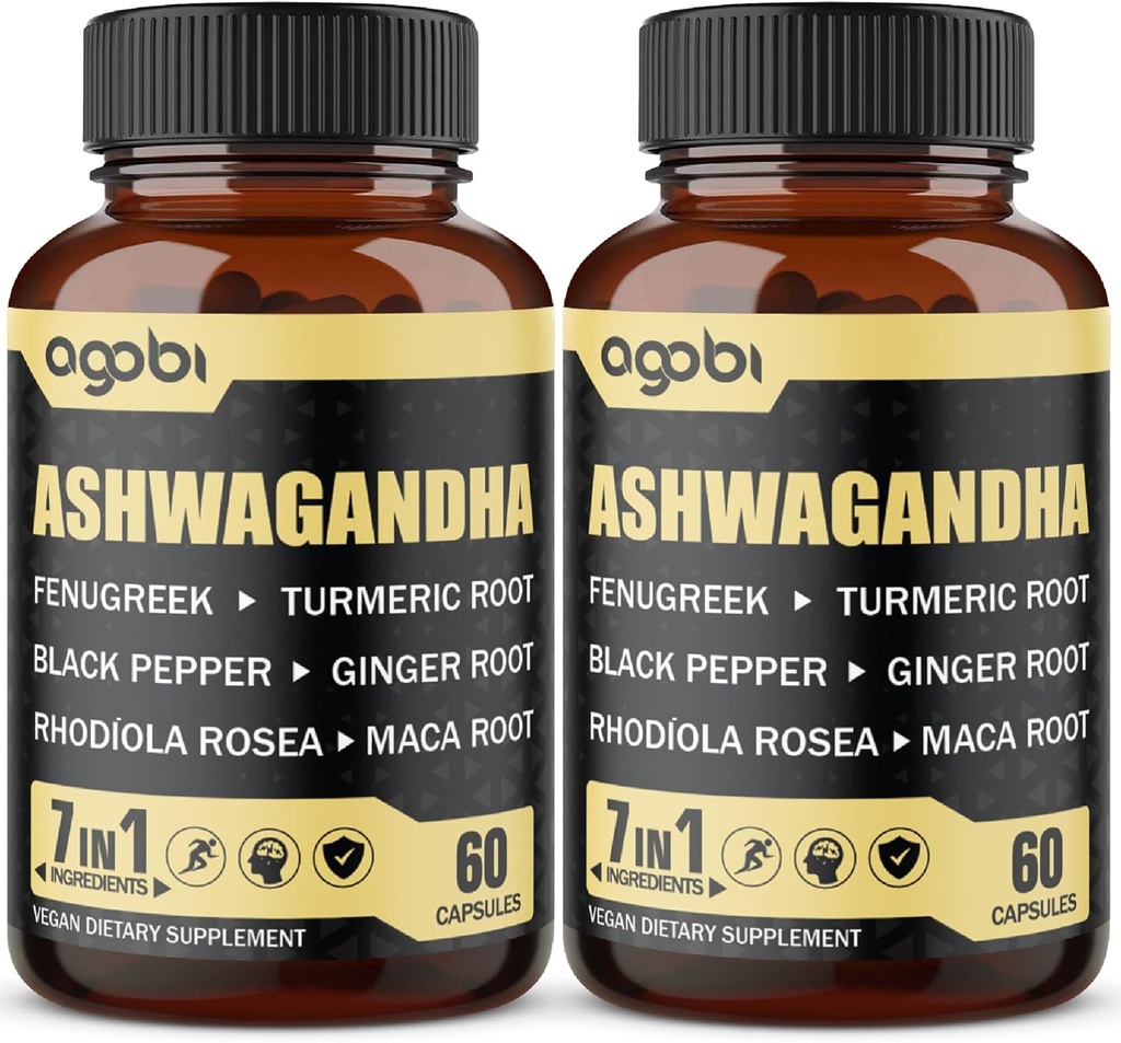 2 Pakker 60 kapsler - 8050mg Ashwagandha Extract Supplement - 7in1 med bukkehorn, Maca, gurkemeje, Rhodiola, Ginger & Black Pepper - Spirit, Immun & Energy Support - 4 Måned Supply