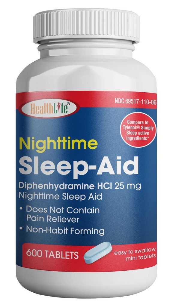 HealthPharma Nighttime Sleep- Aid, Diphenhydramin HCL Caplets, 25 mg (blå), 600 Count