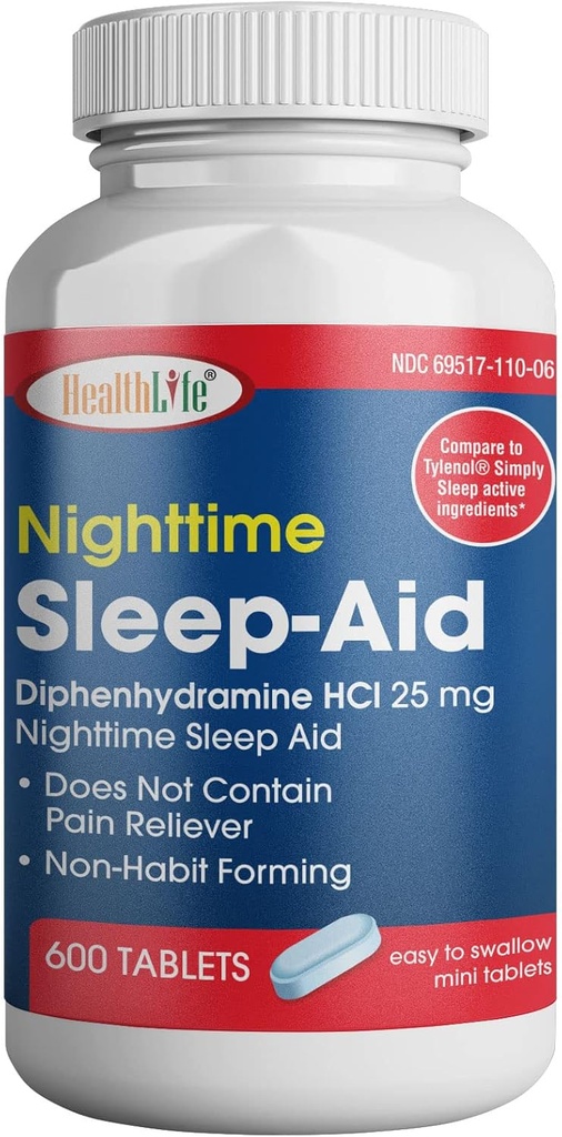 HealthPharma Nighttime Sleep- Aid, Diphenhydramin HCL Caplets, 25 mg (blå), 600 Count