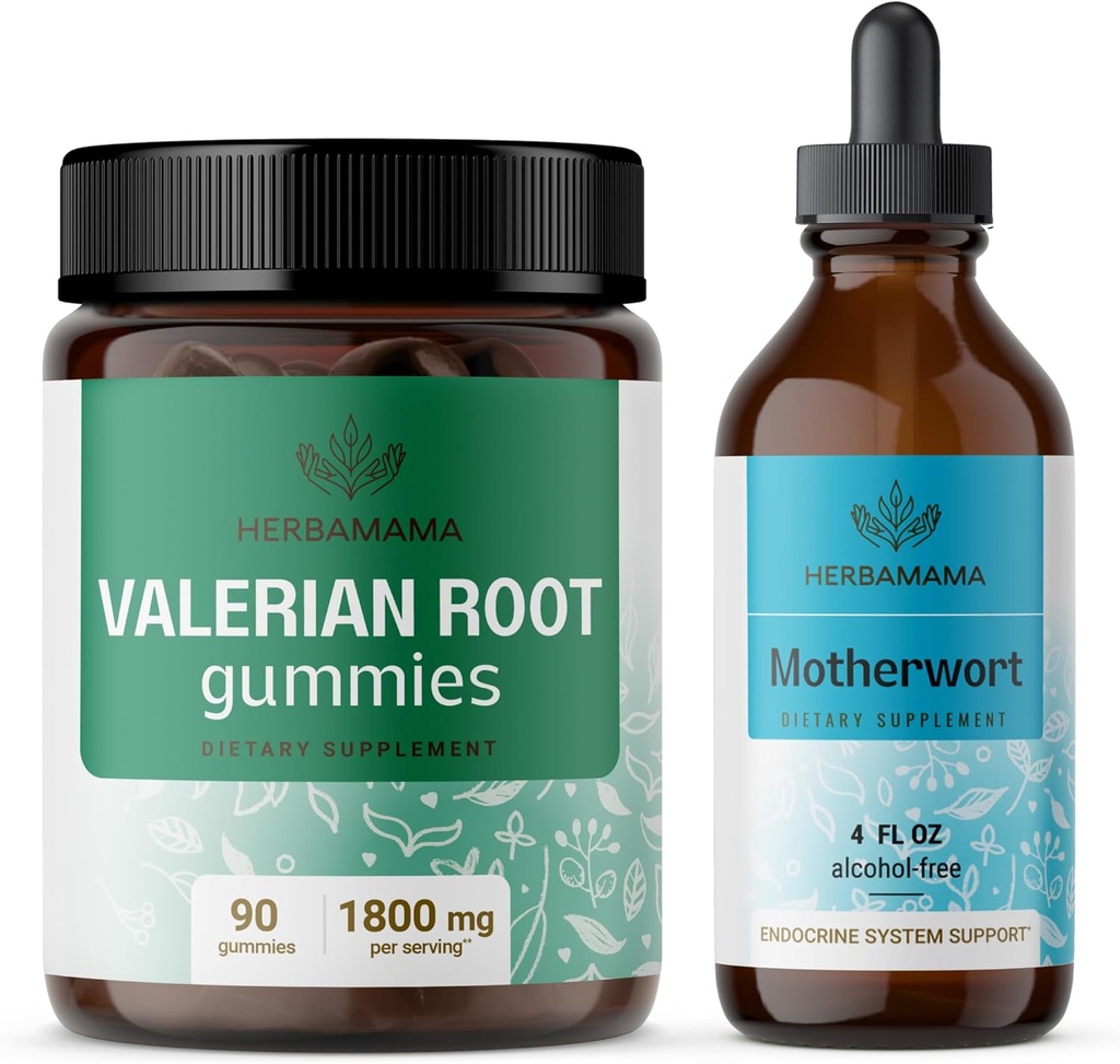 HERBAMAMA Valerian and Motherwort Kit - Bundle of 1800 mg Valerian Root Gummies & Motherwort Liquid Drops - Vegan, non-GMO, Gelatine & Alcohol- Free - 2 Pack