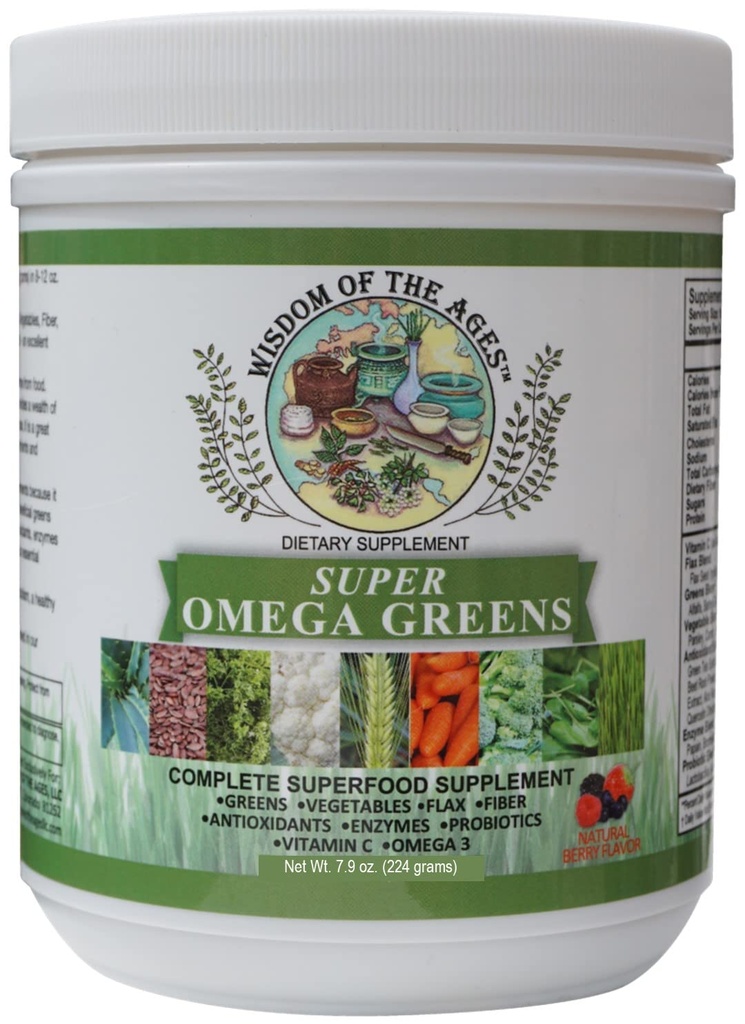 Super Omega Green Komplet Superfood tillæg med grønne, grøntsager, hør, fibre, antioxidanter, enzymer, probiotika, C-vitamin og Omega 3-7,9oz pulver