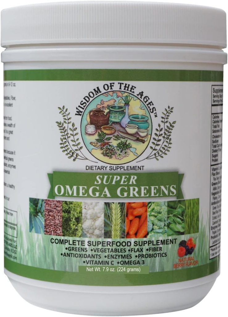 Super Omega Green Komplet Superfood tillæg med grønne, grøntsager, hør, fibre, antioxidanter, enzymer, probiotika, C-vitamin og Omega 3-7,9oz pulver