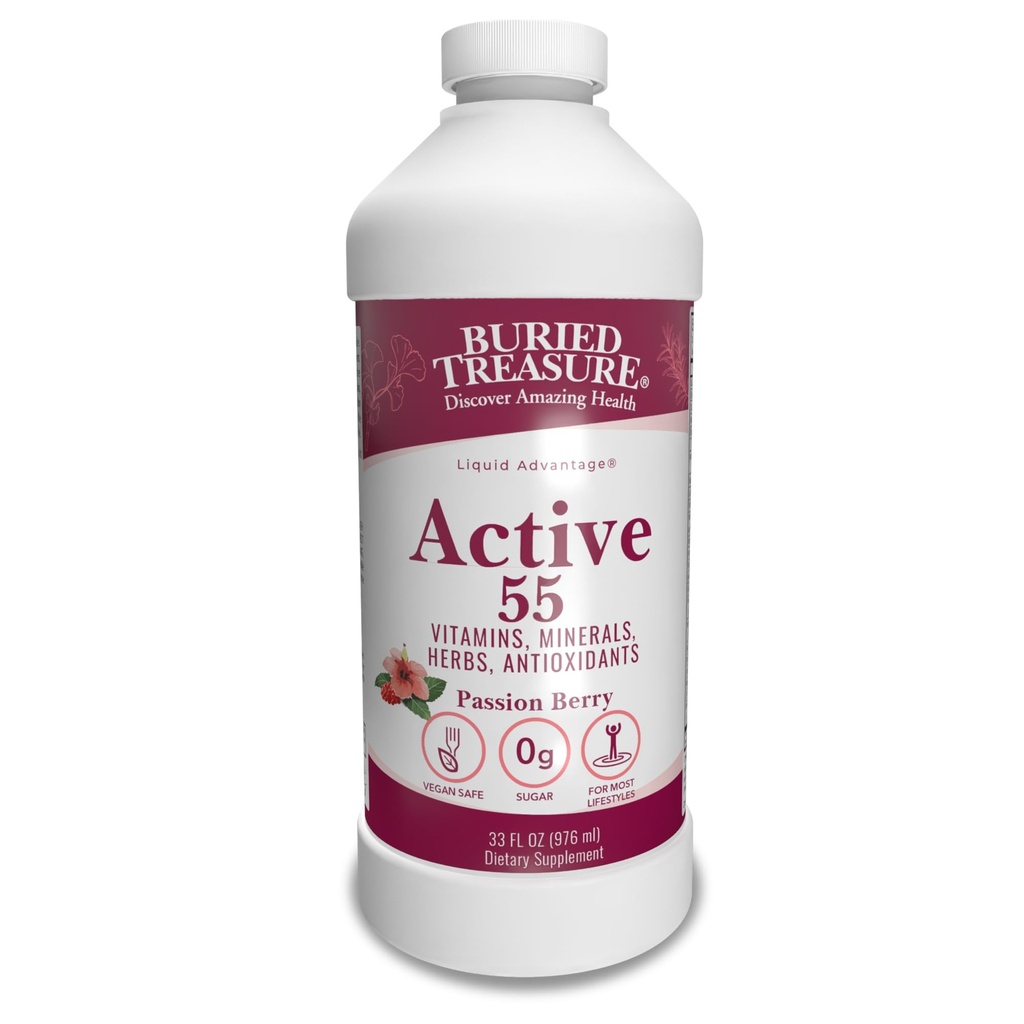 Begravet Treasure Aktiv 55 Plus - 32 serv, Flydende Multivitamin til seniorer, Vegan, Sukkerfri, Naturlig Immunforsvar, Vitamin & Super- Foods Blend