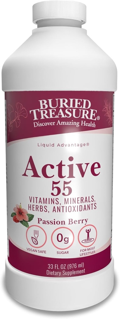 Begravet Treasure Aktiv 55 Plus - 32 serv, Flydende Multivitamin til seniorer, Vegan, Sukkerfri, Naturlig Immunforsvar, Vitamin & Super- Foods Blend