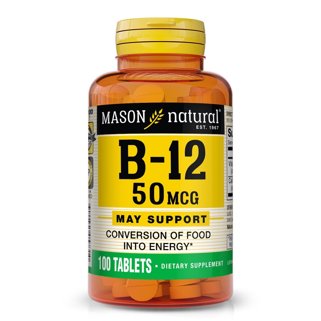 MASON NATURAL Vitamin B12 50 mcg med Calcium, 100- Day Supply, Kosttilskud til støtte naturlige energiniveauer, 100 tabletter (pakke med 1)