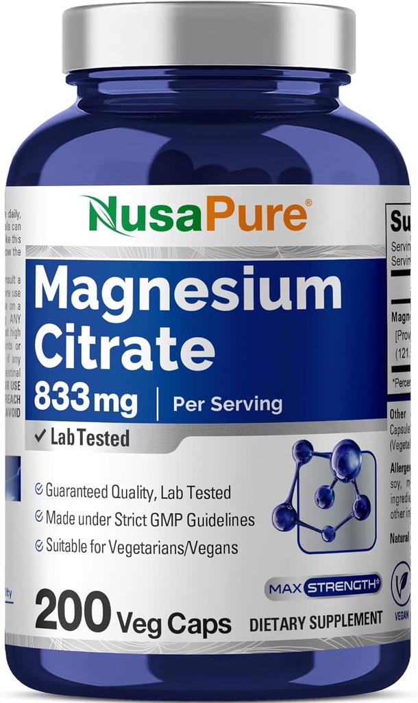 NusaPure Magnesium Citrate 833mg - 200 Veggie Kapsler (Vegetarisk, ikke- GMO, Vegan)